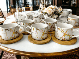 Afișați detaliile pentru Set de 6 cești din porțelan cu farfurioare din bambus natural pentru cafea sau cappuccino Imagine de Set de 6 cești din porțelan cu farfurioare din bambus natural pentru cafea sau cappuccino