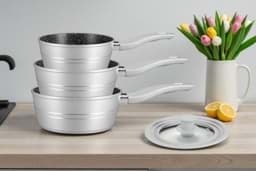 Afișați detaliile pentru Set 3 cratițe cu mâner și capac universal – Royalty Line FS3MS, design argintiu elegant Imagine de Set 3 cratițe cu mâner și capac universal – Royalty Line FS3MS, design argintiu elegant