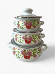 Afișați detaliile pentru Set de oale emailate cu capac, model cu trandafiri, Peterhof PH15867 Imagine de Set de oale emailate cu capac, model cu trandafiri, Peterhof PH15867