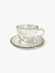 Afișați detaliile pentru Set de 6 cești cu farfurioare din sticlă model elegant cu design auriu, 150ml Imagine de Set de 6 cești cu farfurioare din sticlă model elegant cu design auriu, 150ml