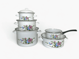 Afișați detaliile pentru Set de vase emailate albe elegante, model cu flori Imagine de Set de vase emailate albe elegante, model cu flori