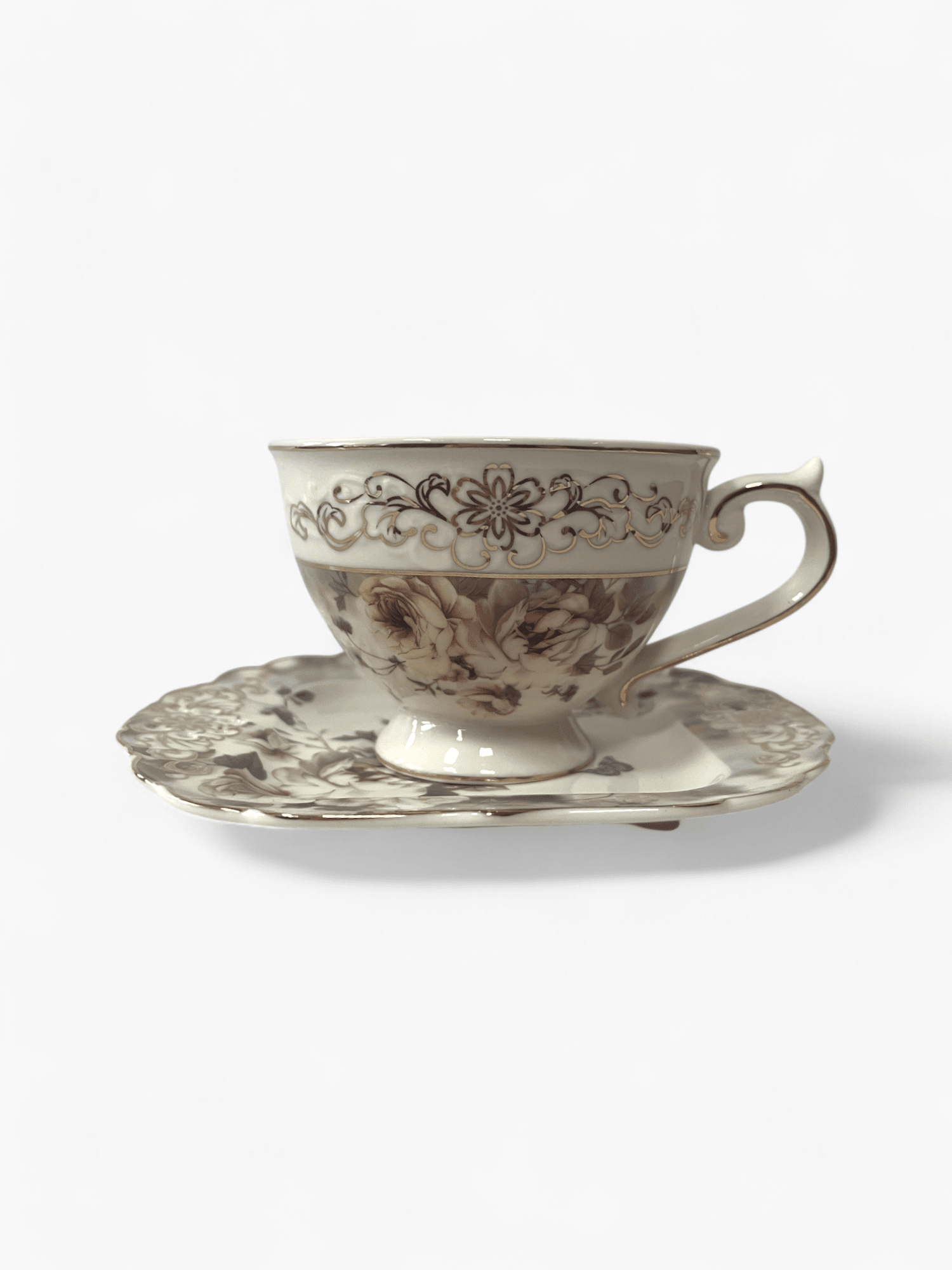 Picture of Set of porcelain cups with saucers and sugar bowl, floral design in dark purple and gray shades, Malooki Luxury Collection