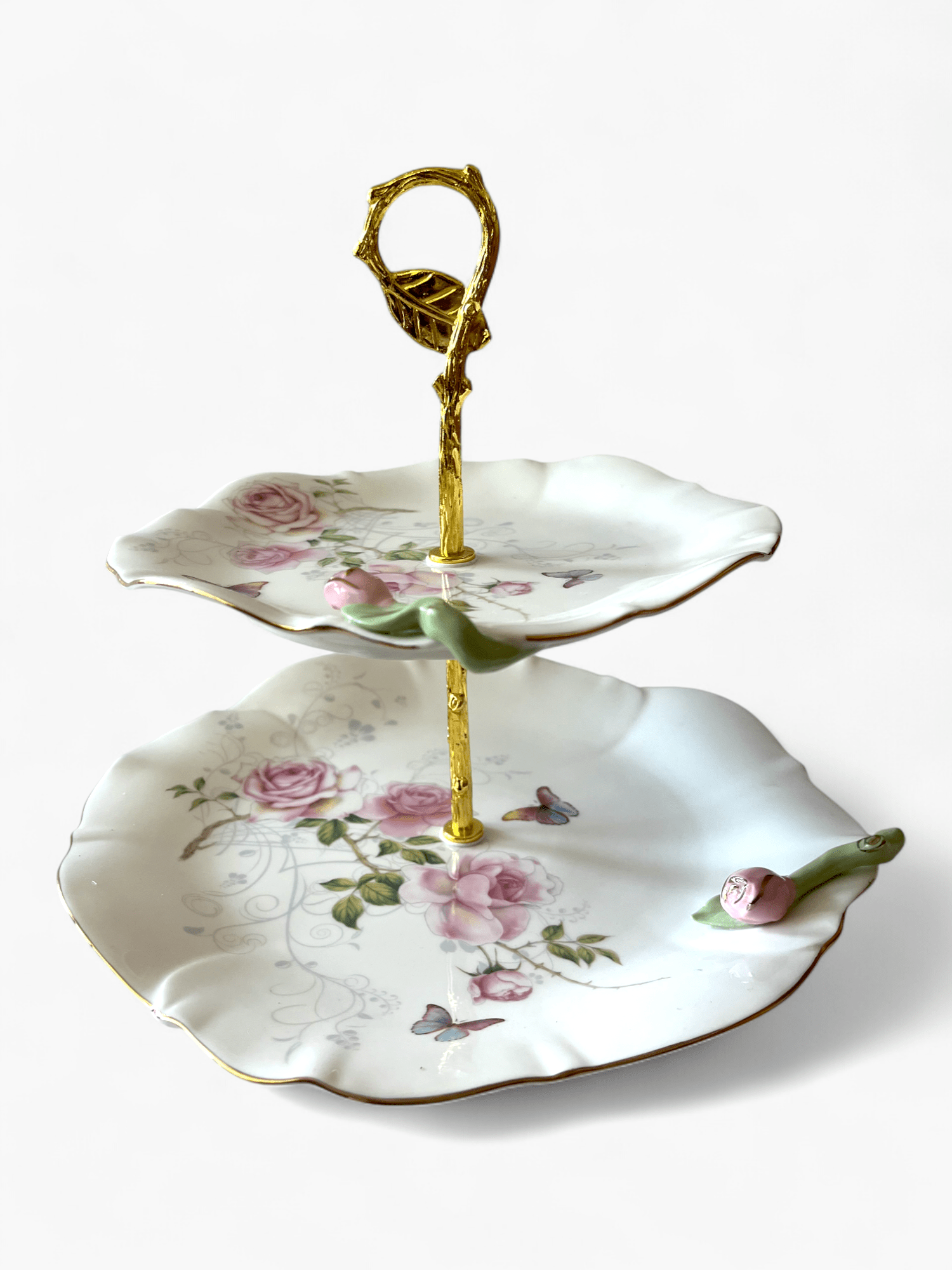Imagine de Platou etajat candy bar, model floral 3D, cu 2 nivele si suport metalic auriu, Malooki luxury collection