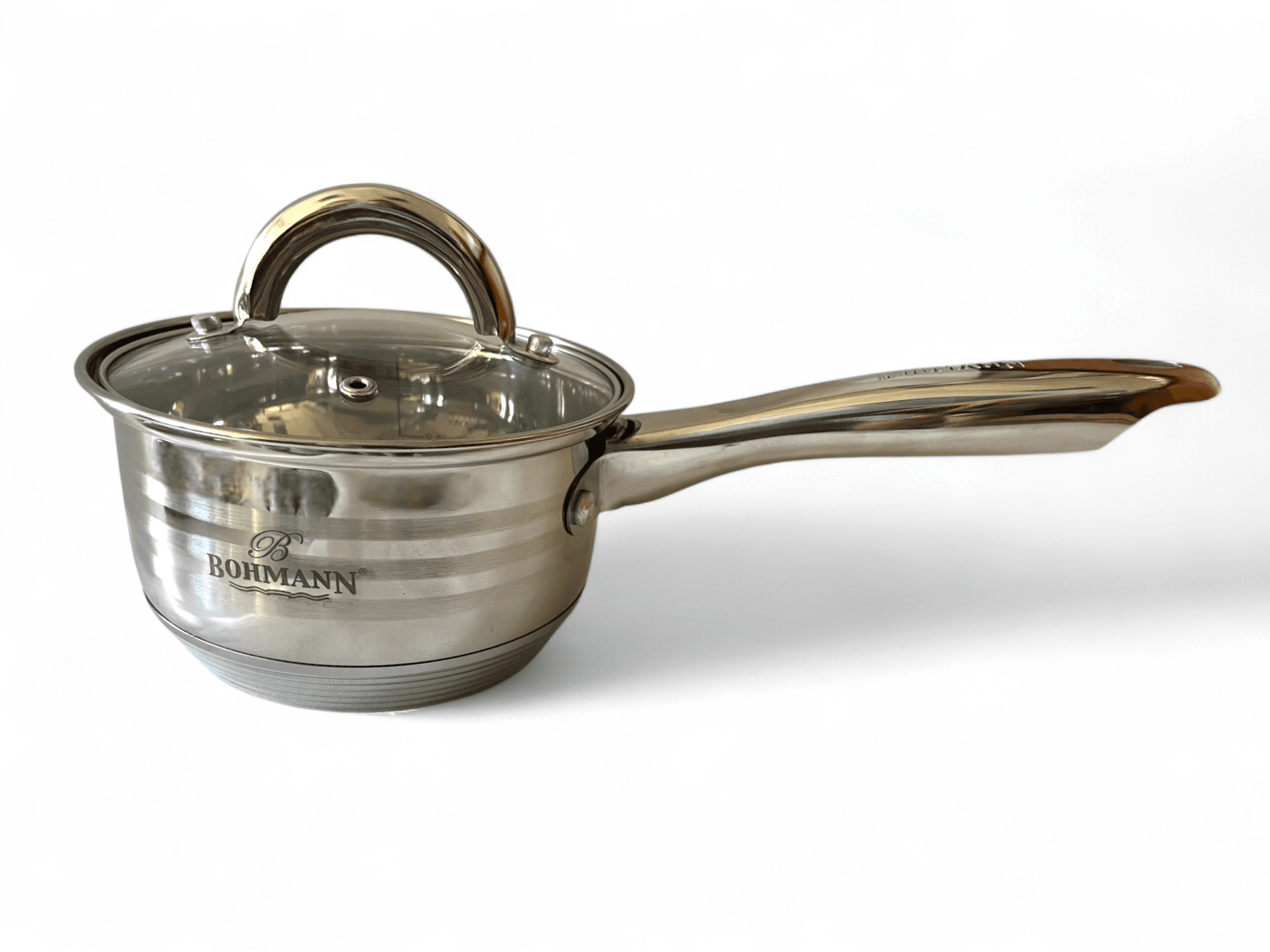 Imagine de Cratiță inox cu coadă Bohman 1,2L capac din sticlă, BH-3138-14