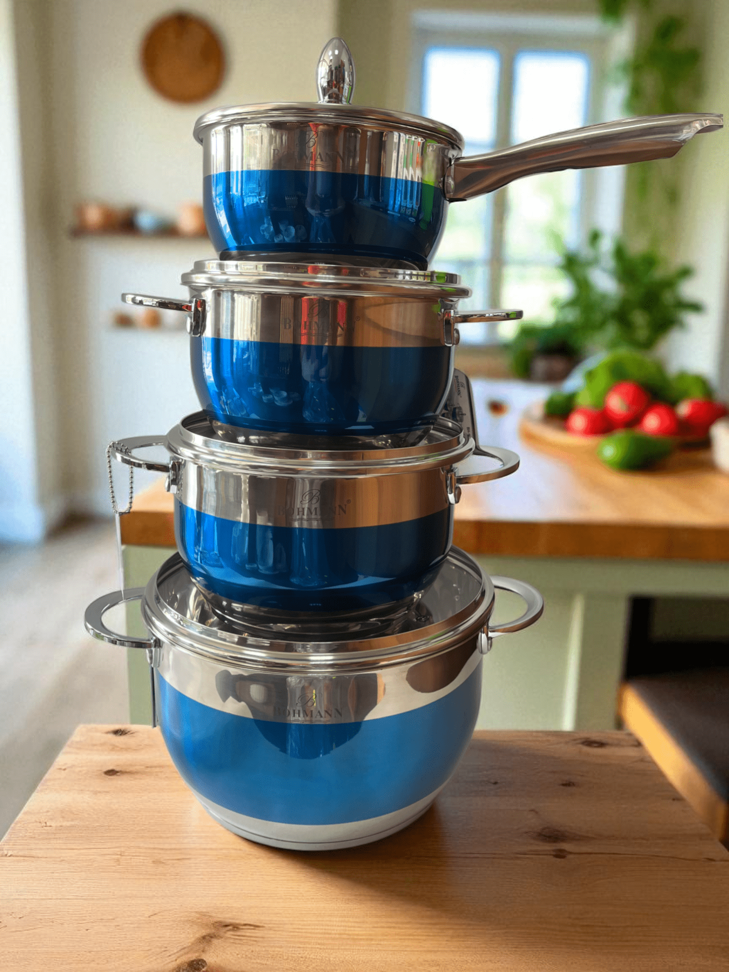 Imagine de Set de 4 Oale Inox Premium Bohmann cu capace din sticlă termorezistente, culoare albastră BH-1818-08