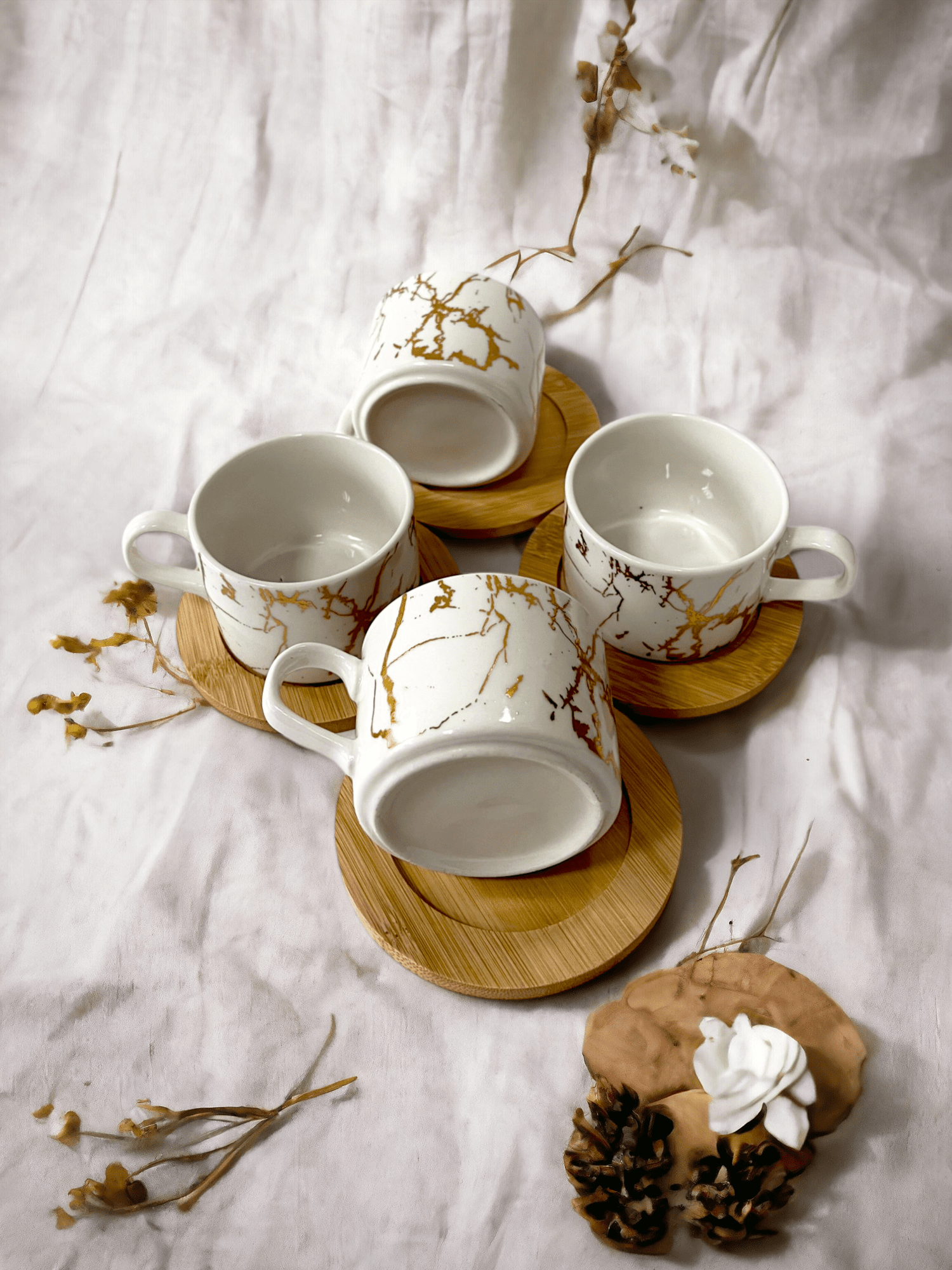 Set 6 cești porțelan farfurioare bambus cafea cappuccino model