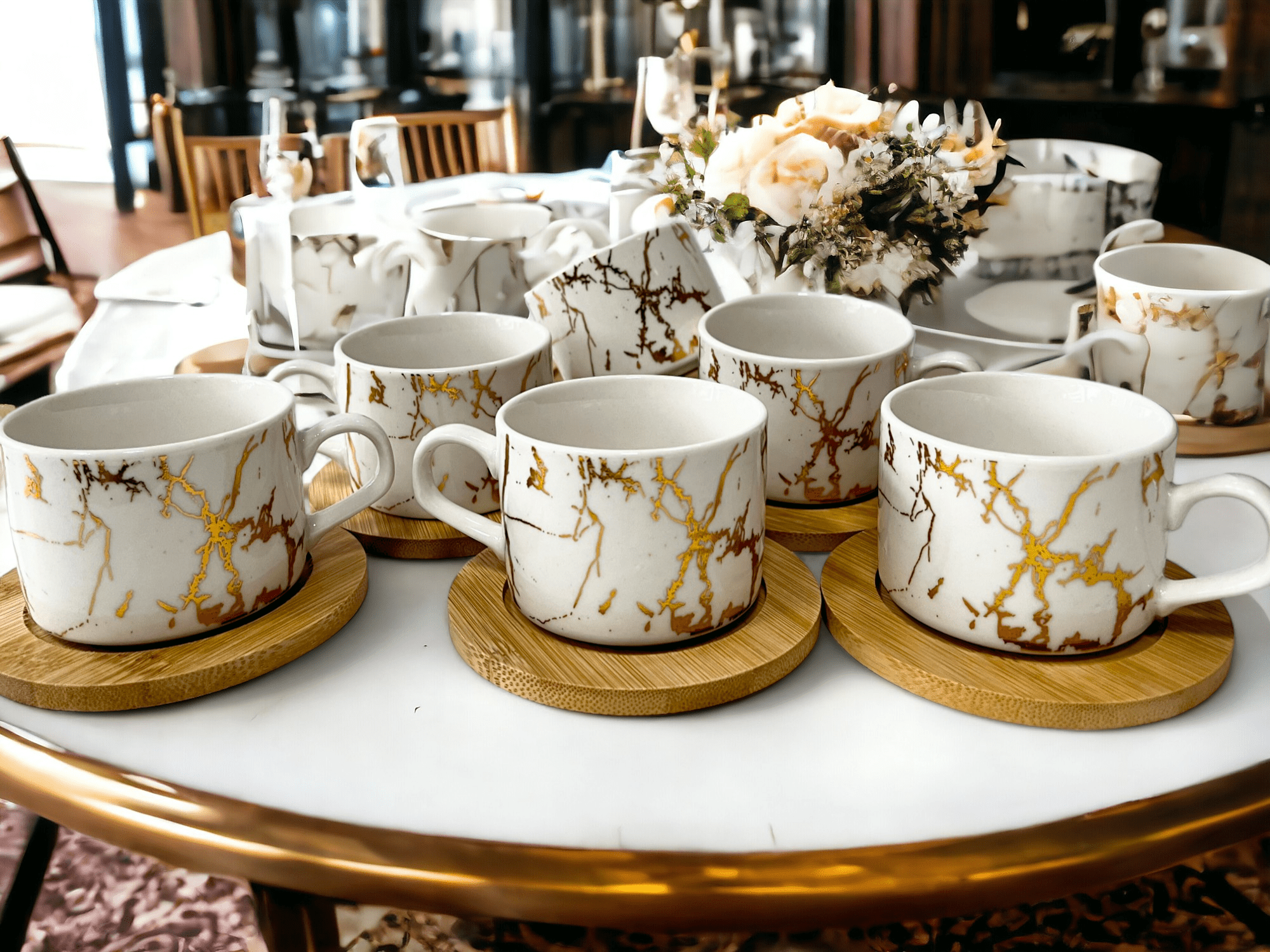 Imagine de Set de 6 cești din porțelan cu farfurioare din bambus natural pentru cafea sau cappuccino 