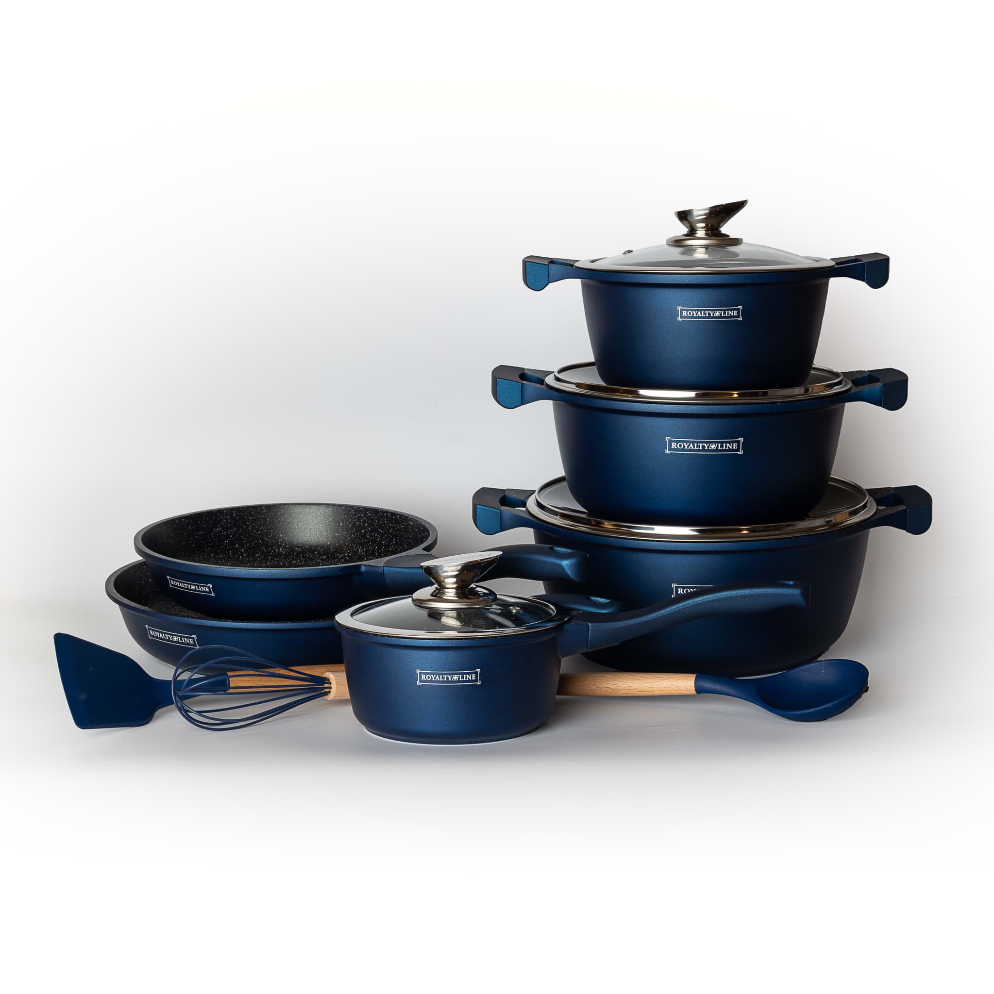 Imagine de Set de vase de gătit, 13 piese, antiaderente cu înveliș tip marmură, culoare albastru închis, Royalty Line – BS1010M