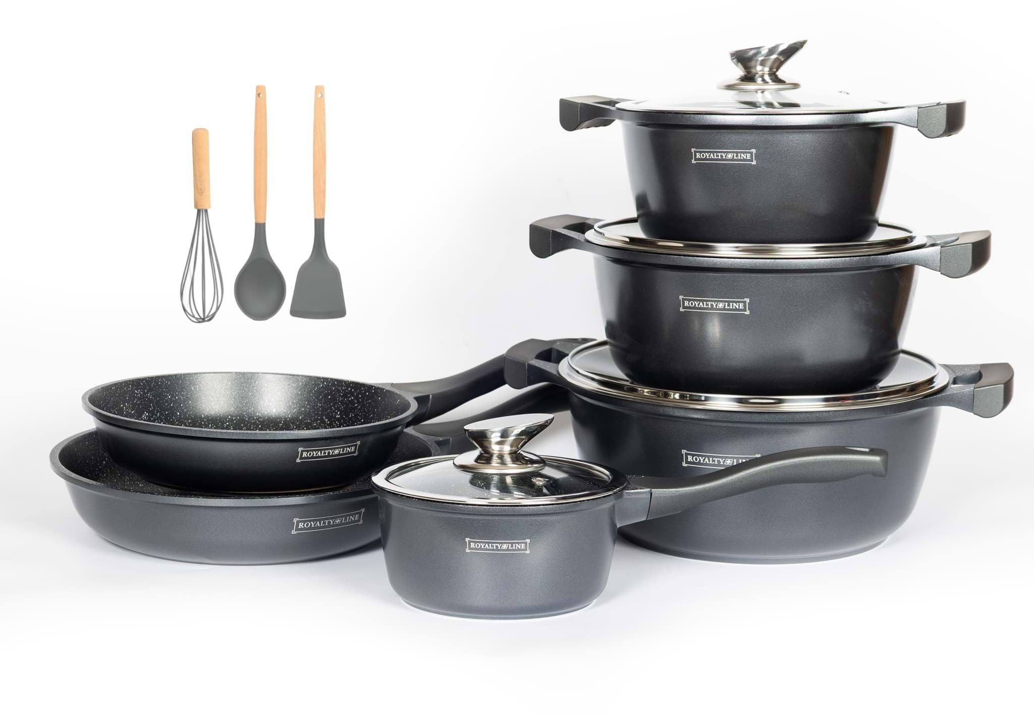 Imagine de Set de vase de gătit, 13 piese, antiaderente cu înveliș tip marmură, culoare gri închis, Royalty Line – BS1010M