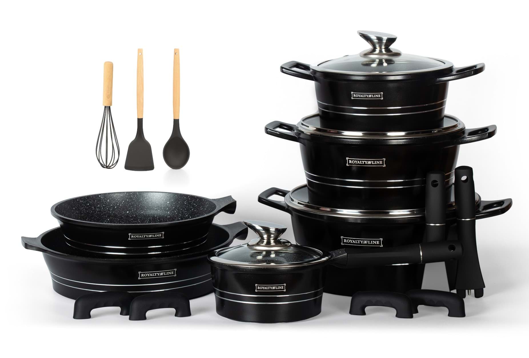 Imagine de Set de vase de gătit, 17 piese, antiaderente cu înveliș tip marmură, cu capace, culoare negru lucios, Royalty Line – ES1014M
