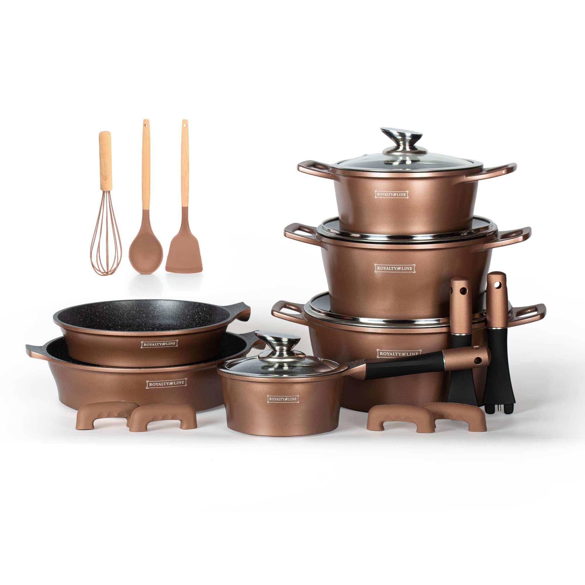 Imagine de Set de vase de gătit, 17 piese, antiaderente cu înveliș tip marmură, cu capace, culoare cupru, Royalty Line – ES2014M