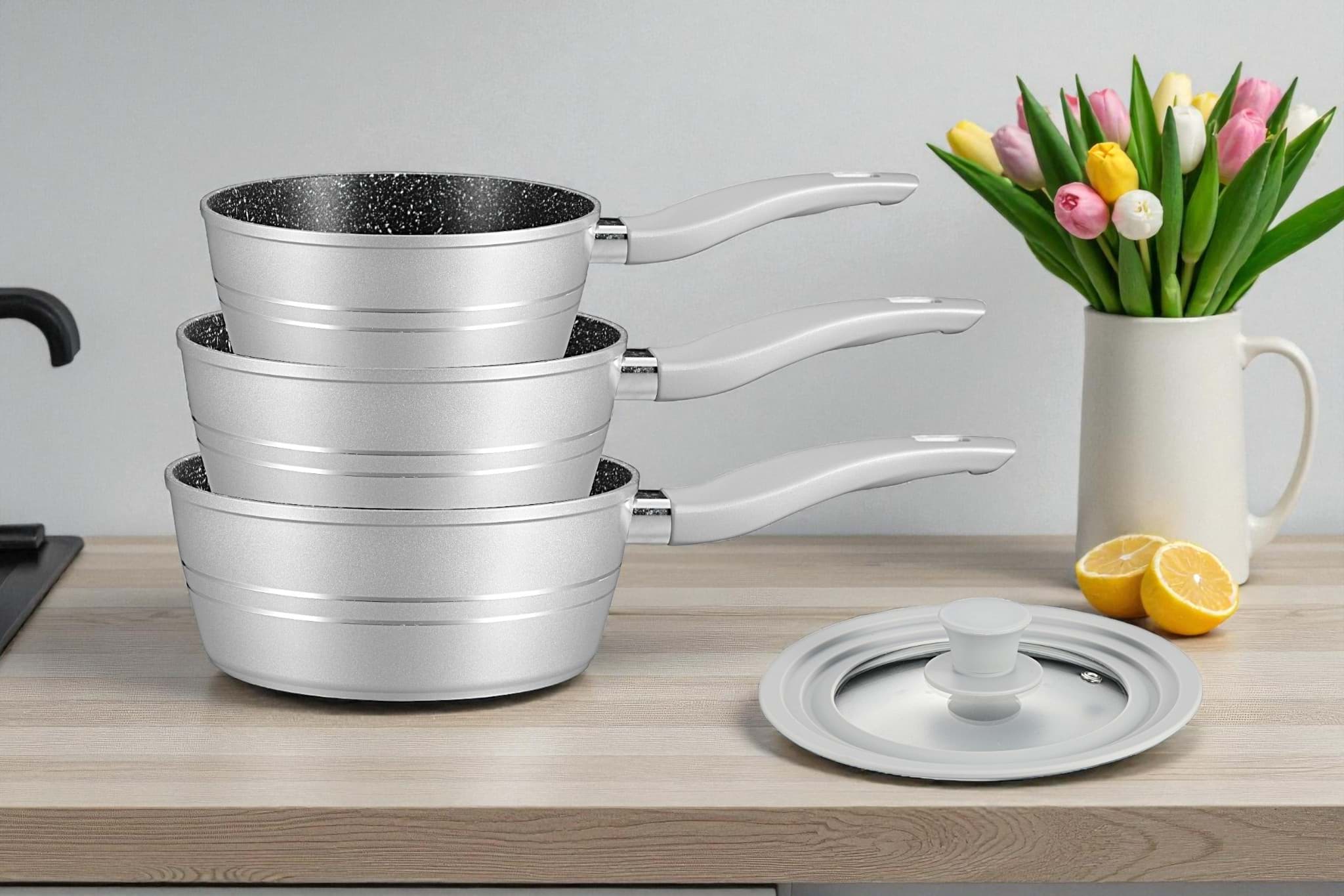 Imagine de Set 3 cratițe cu mâner și capac universal – Royalty Line FS3MS, design argintiu elegant