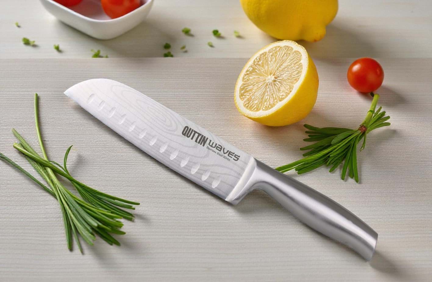 Imagine de Cuțit profesional Santoku Quttin Waves 17 cm – Lamă și mâner turnate integral