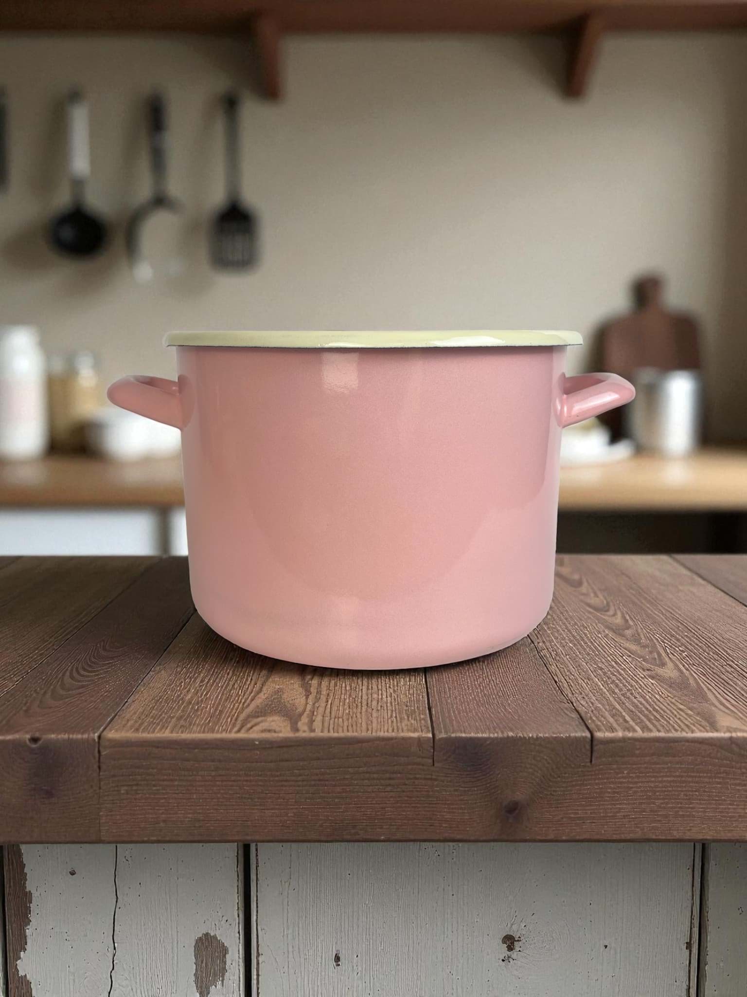 Imagine de Oală cilindrică emailată 20 cm, roz cu interior bej