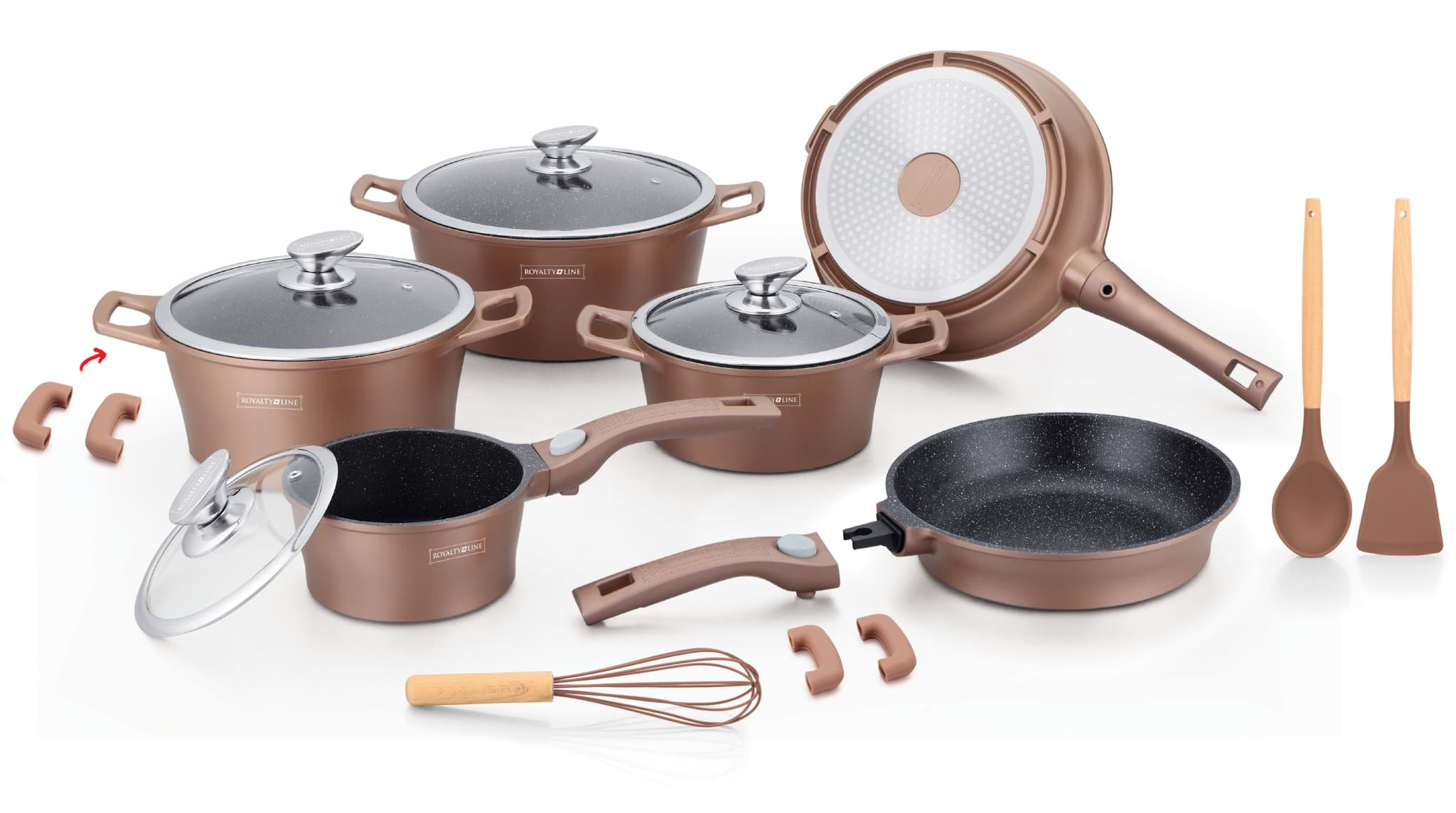Imagine de Set de vase de gătit, 17 piese, antiaderente cu înveliș tip marmură, cu capace, culoare cupru, Royalty Line – ES2014M