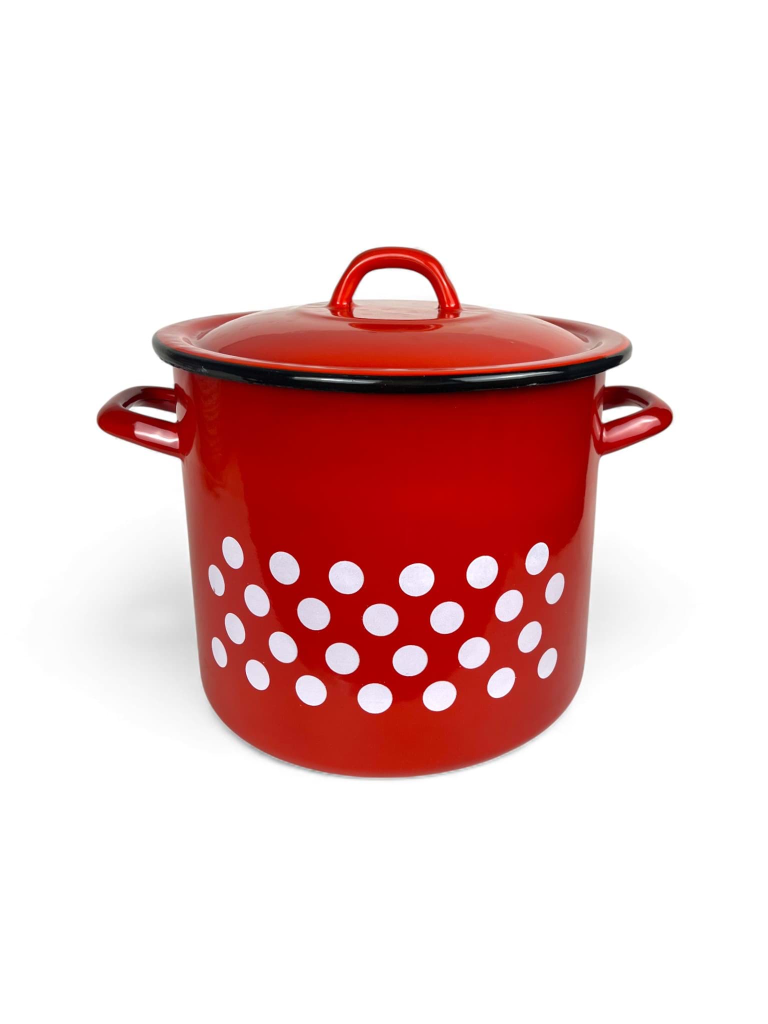 Imagine de Oală emailată cu capac, roșie cu buline albe 