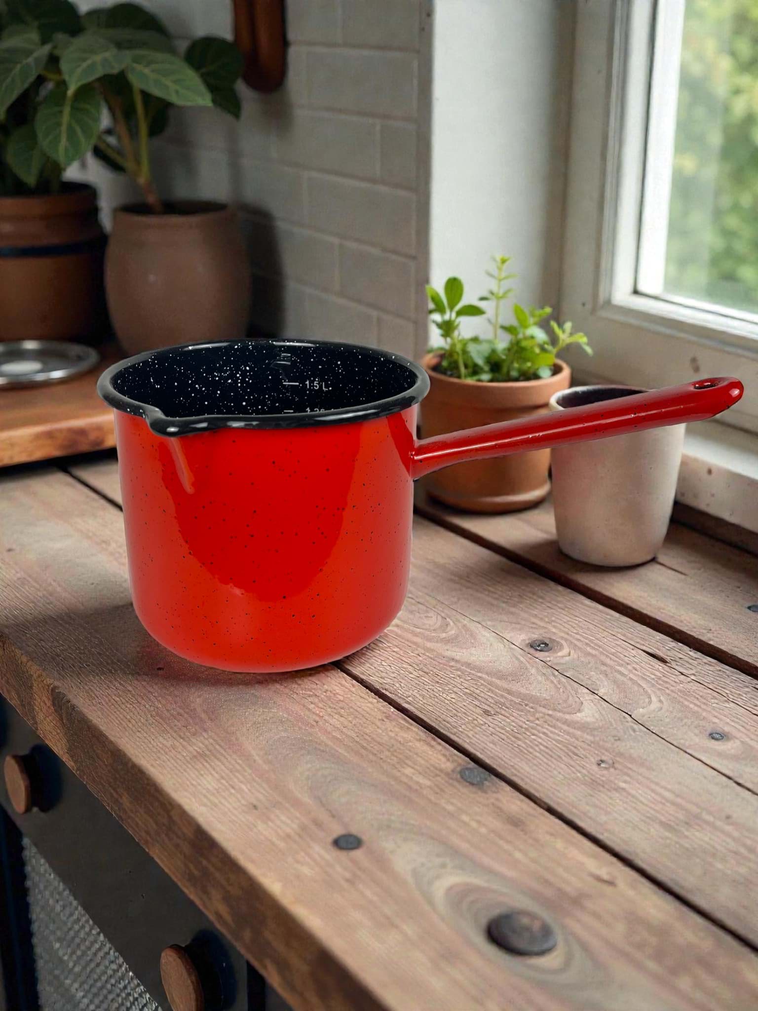 Picture of Cylindrical pot 1.5L graduated, red with black splashes – enameled pot for coffee and tea 