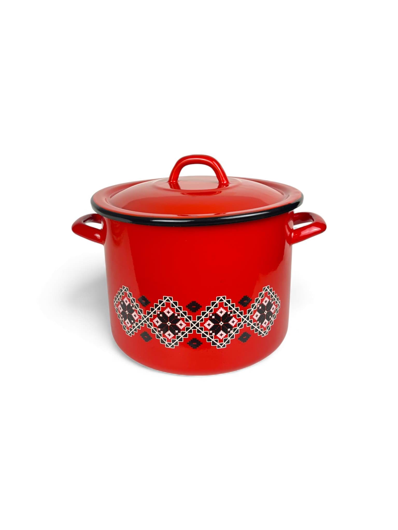 Picture of Enameled cylindrical pot with lid, 22 cm, red with traditional black pattern 