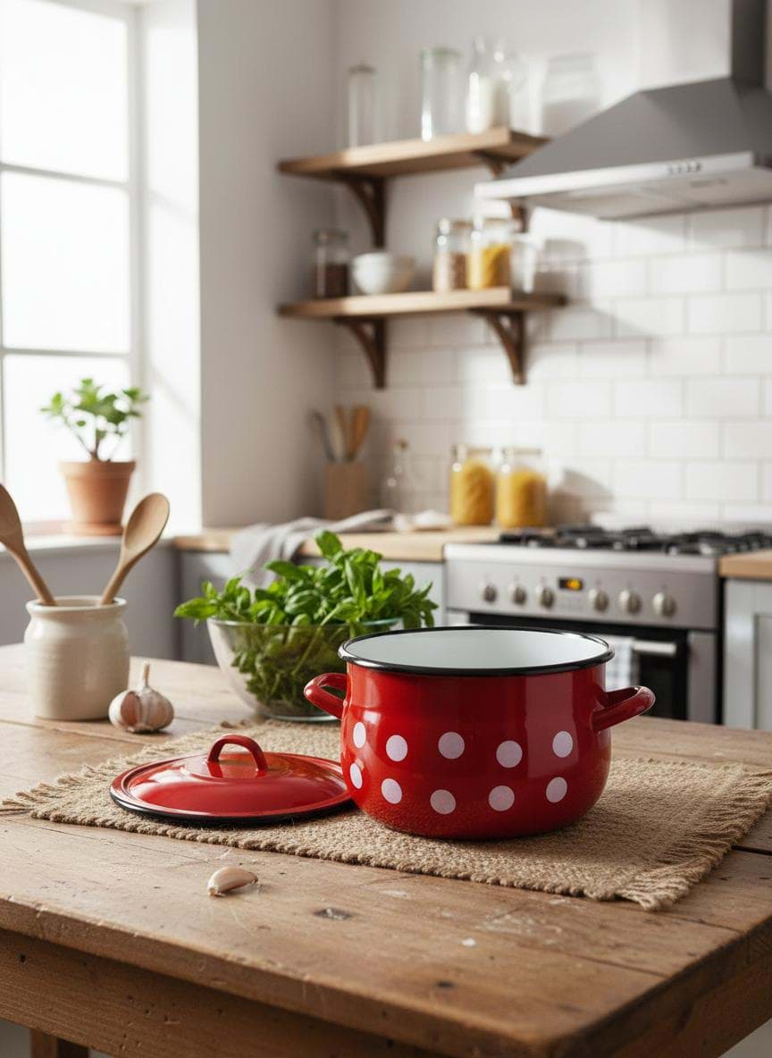 Imagine de Cratiță bombată cu capac, roșie cu buline albe, 24 cm, emailată