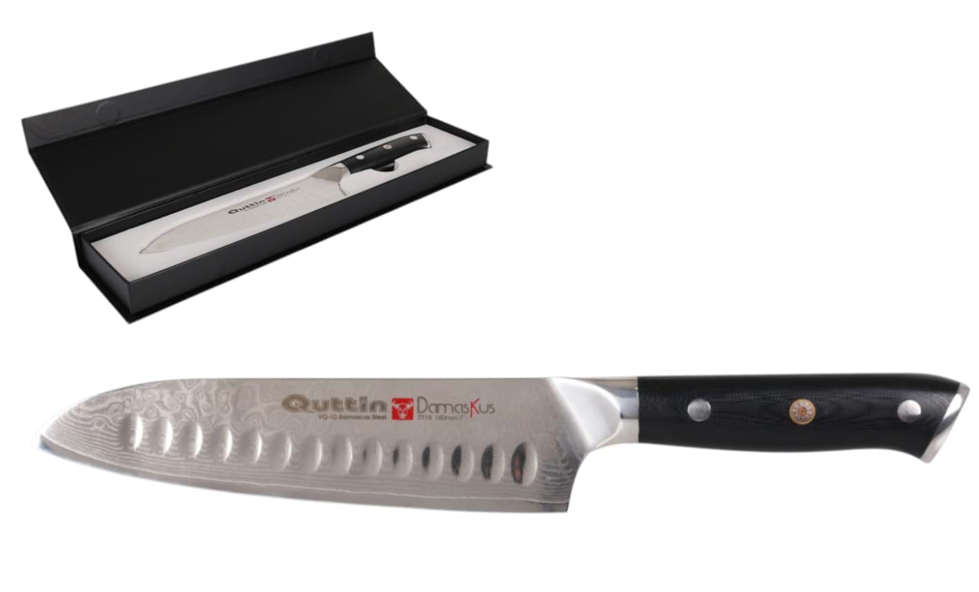 Imagine de Cuțit Santoku profesional 18 cm cu lamă de damasc – QUTTIN