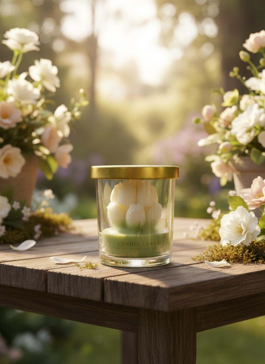 Imagine de Lumânare parfumată cu lalele 3D în recipient de sticlă cu capac 