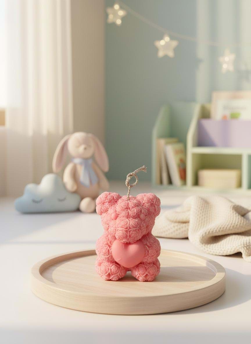 Imagine de Lumânare decorativă în formă de ursuleț roz cu trandafiri 3D
