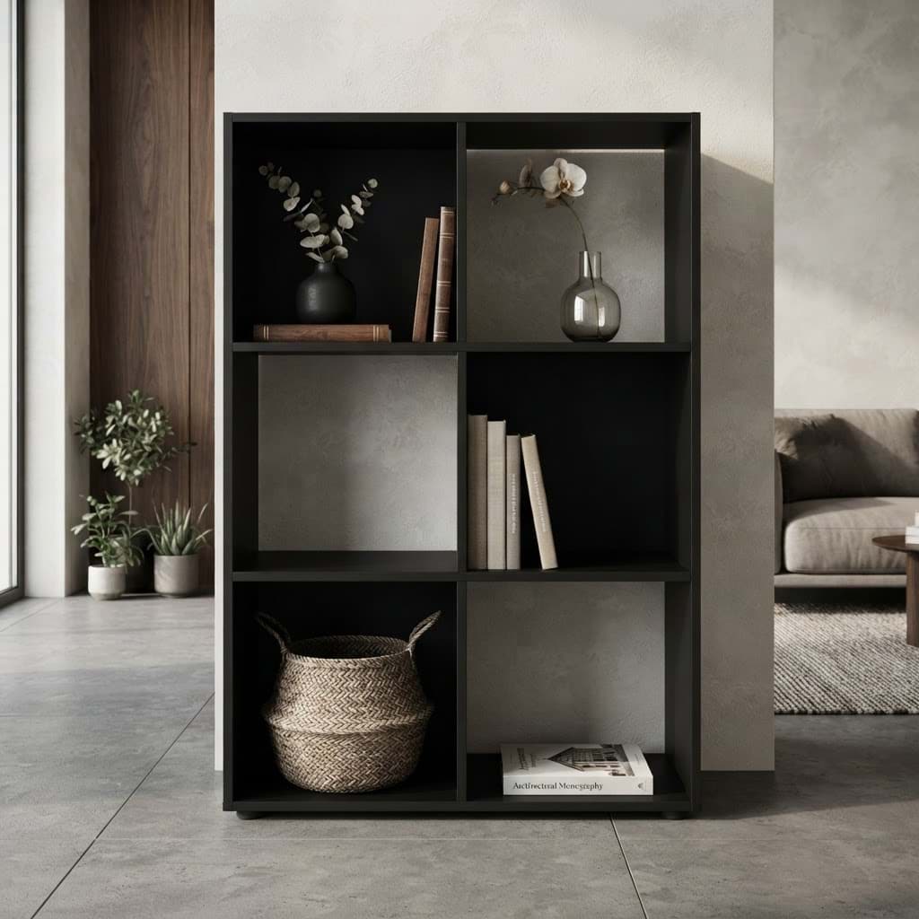Corp de mobilier compartimentat negru pentru living, tip bibliotecă