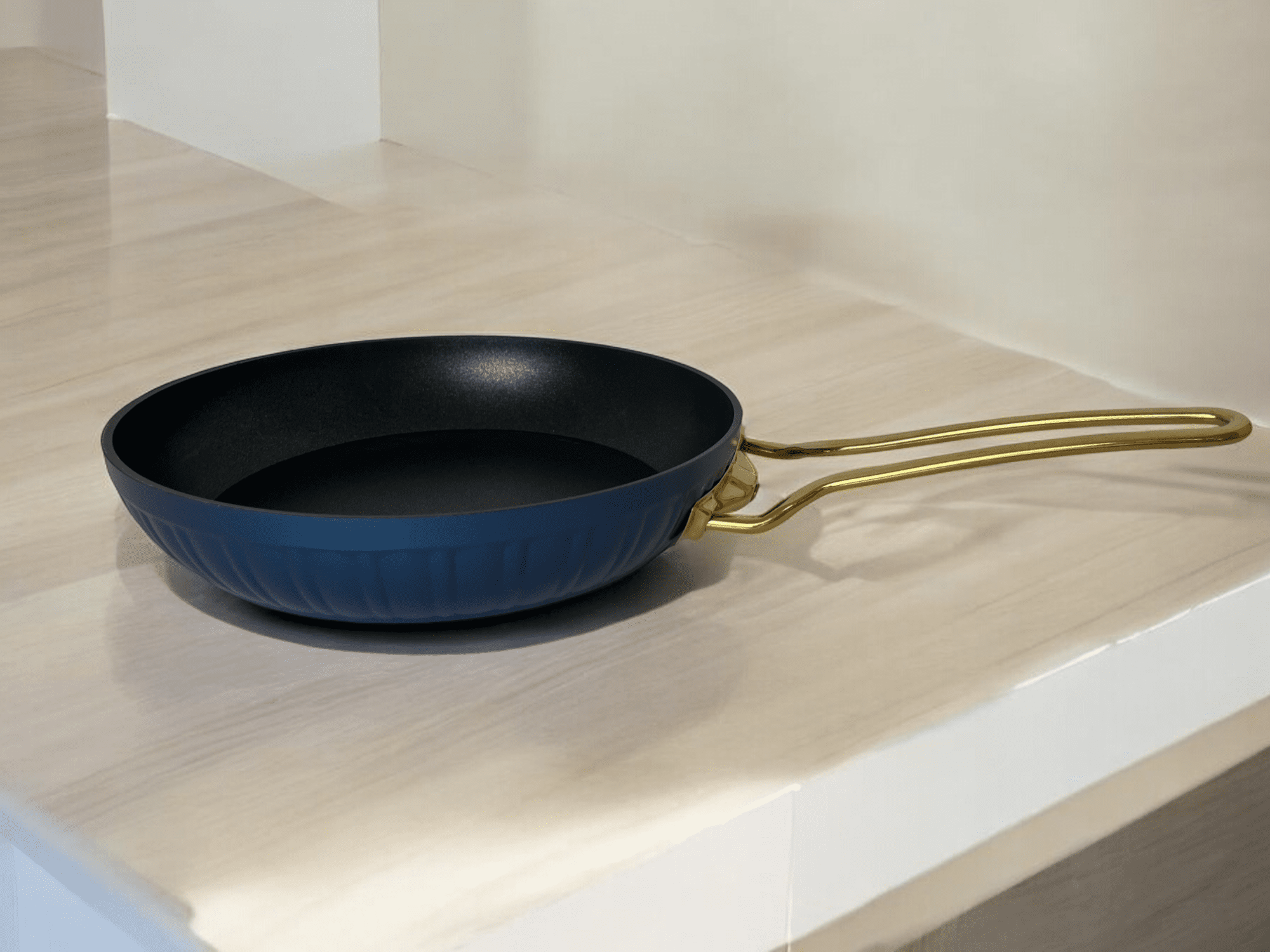 Picture of Elegant blue Kismet Elite Non-Stick Aluminum Frying Pan with gold handles