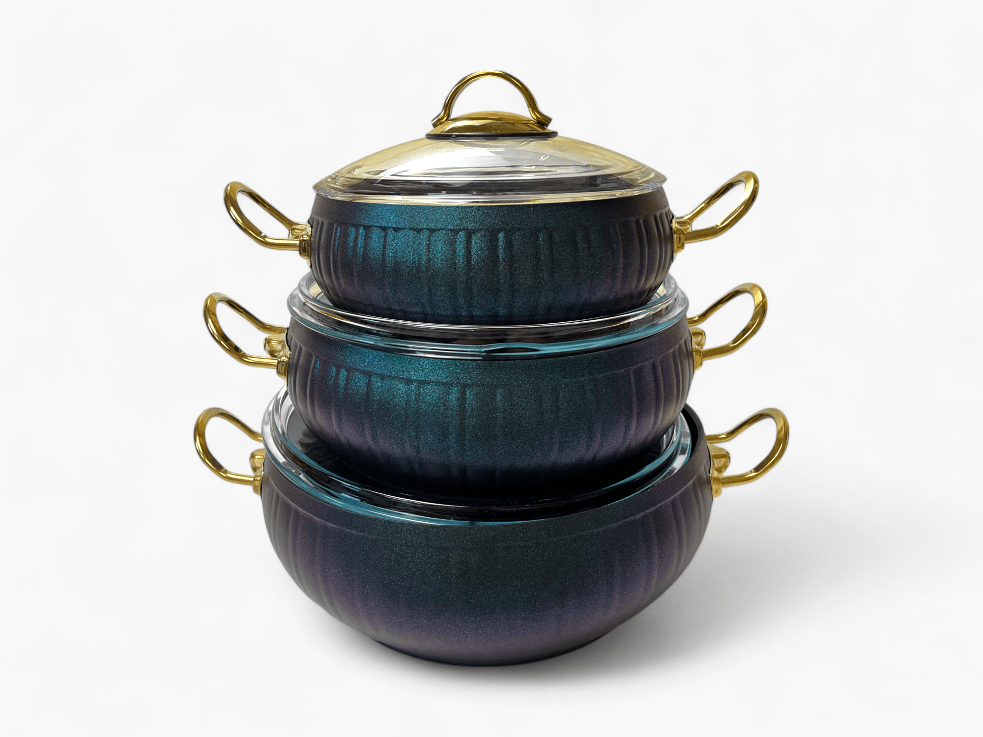 Picture of Set of aluminum Kismet Ultra casseroles, green and purple combination.