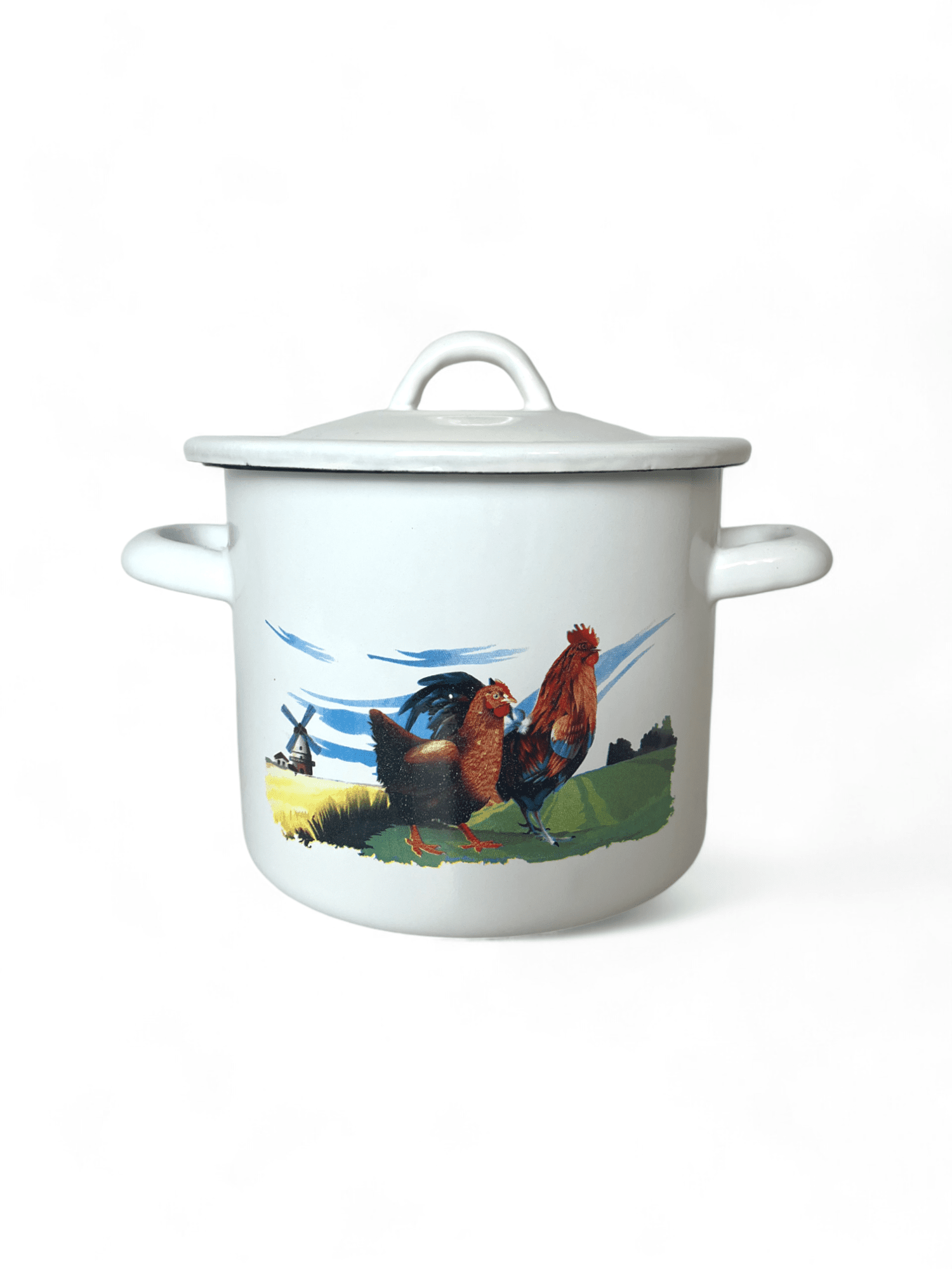 Picture of White Enamel Pot with Lid and Traditional Rooster Decor 