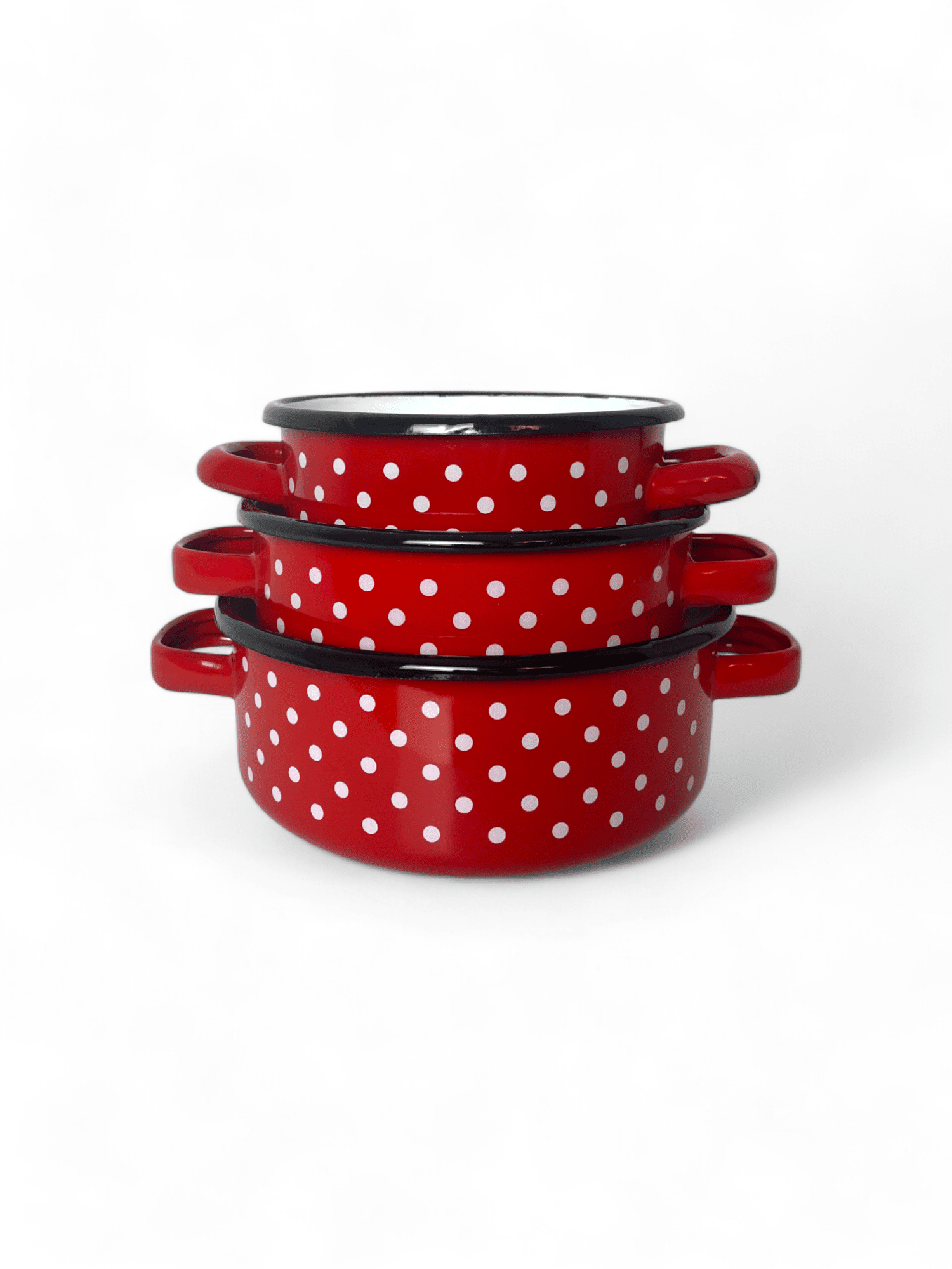 Picture of Set of 3 Enameled Pans with Handles, Polka Dot Design