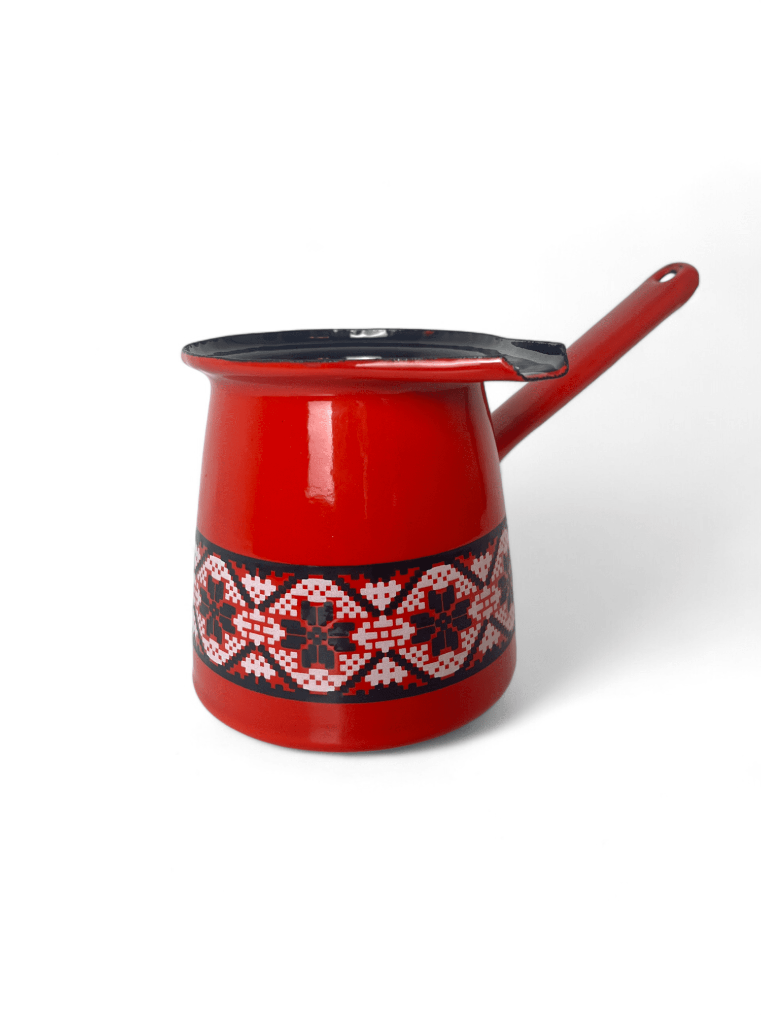 Picture of Bulged Enameled Coffee Pot, Red with Traditional Design