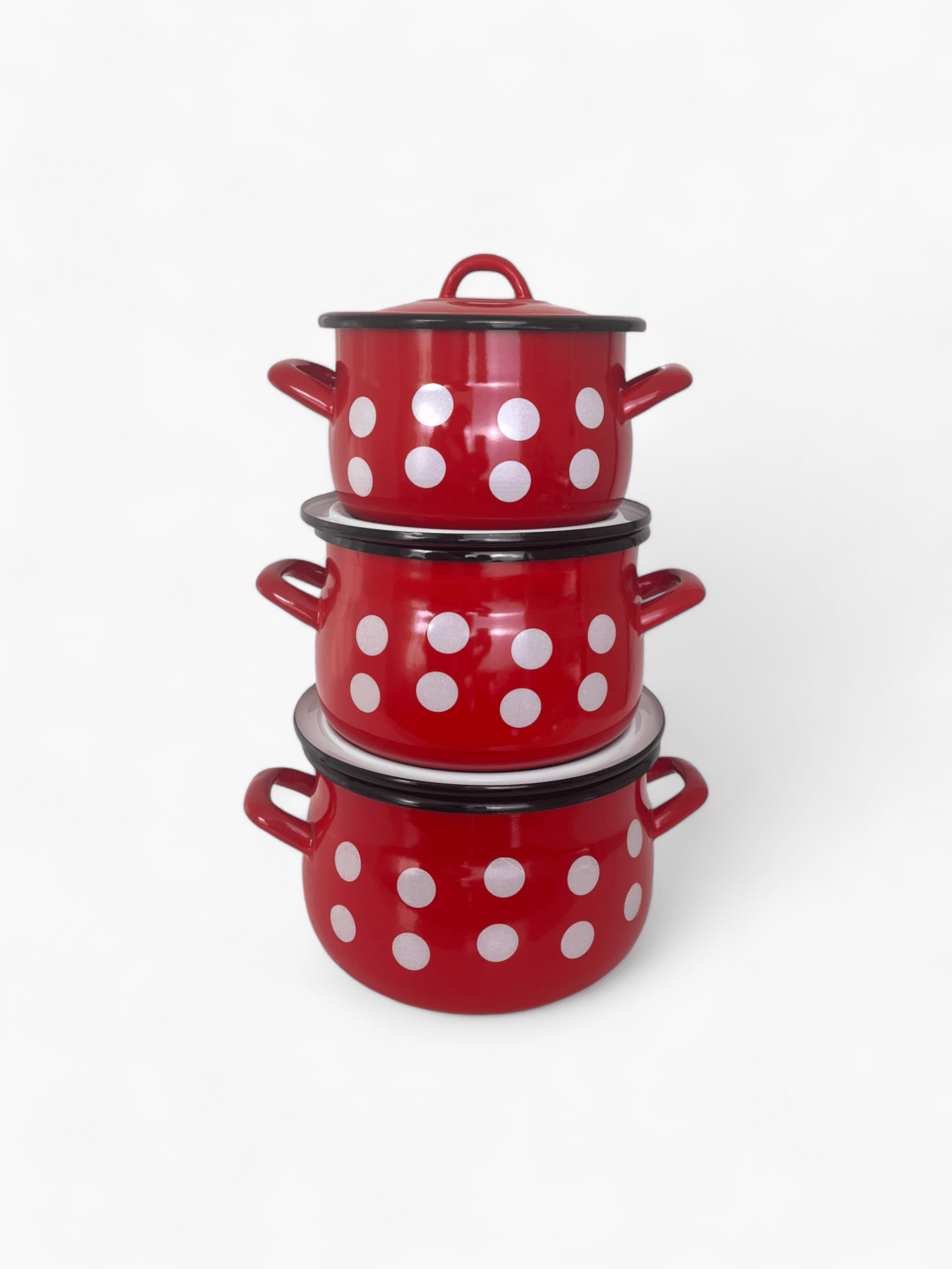 Picture of Set of 3 Red Enamel Rounded Pots with Lids, Polka Dot Decor