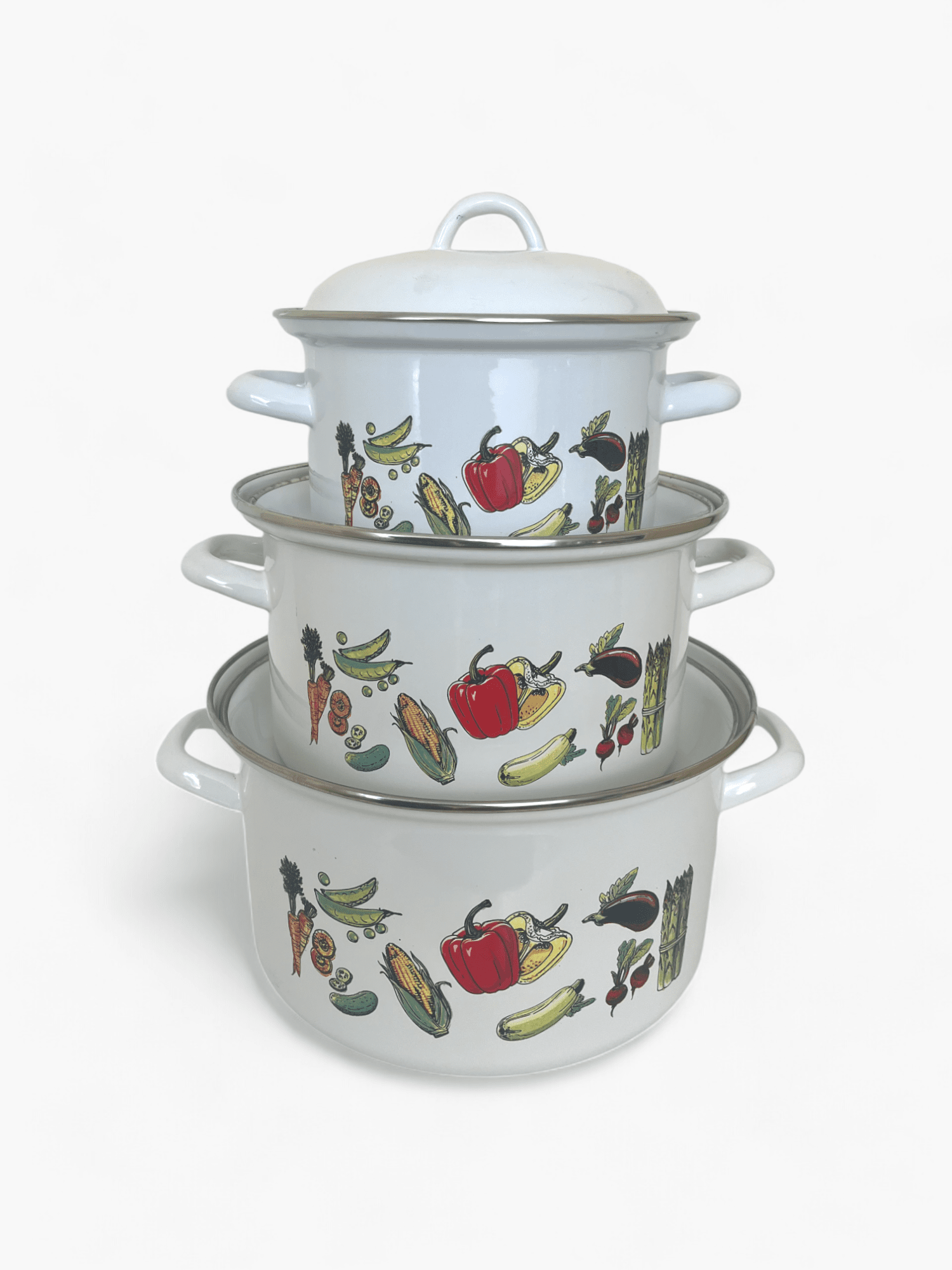 Picture of Set of 3 Enamel Pots with Lids, Vegetable Decor