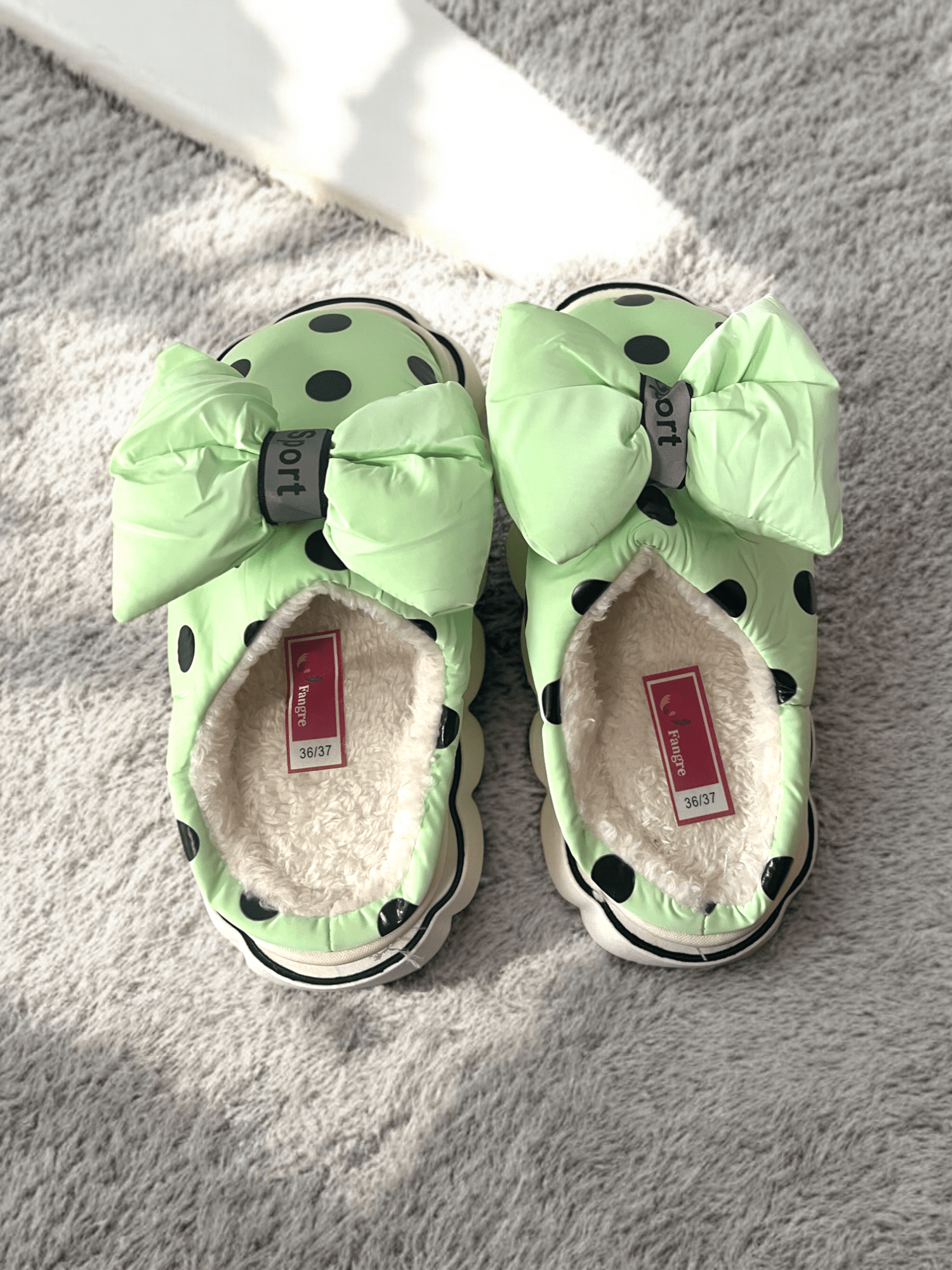 Picture of Green Plush House Slippers with Bow, Soft and Warm